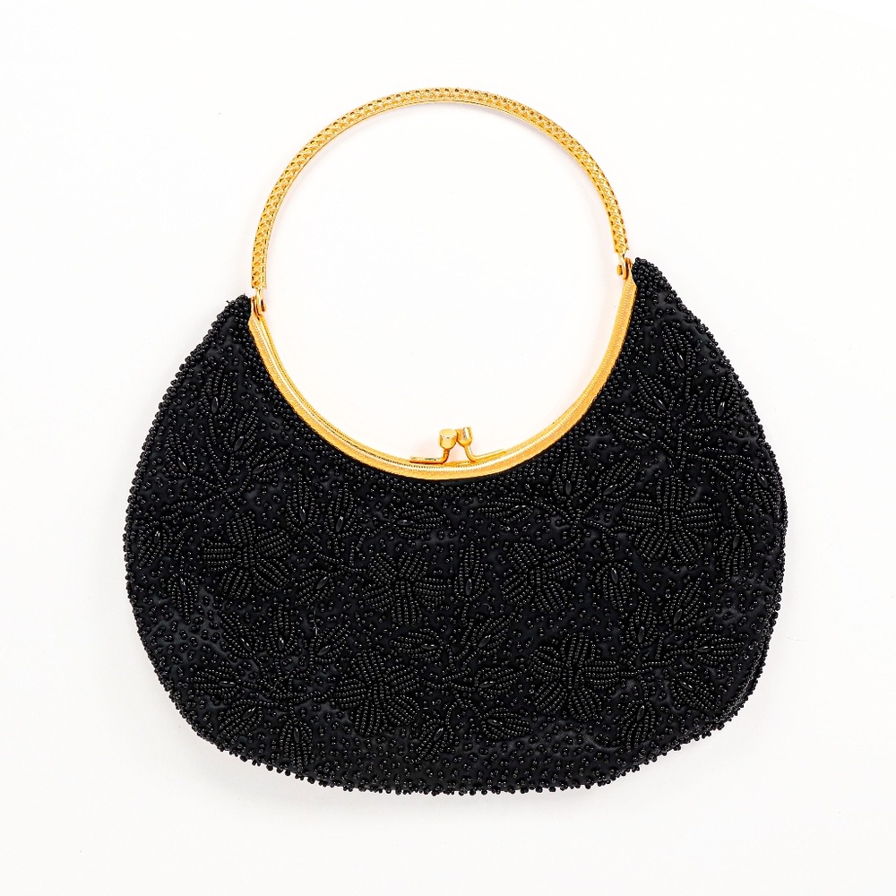 Vintage Goldco Beaded Purse Floral Design, black Beaded Evening Bag, Vtg Handbag